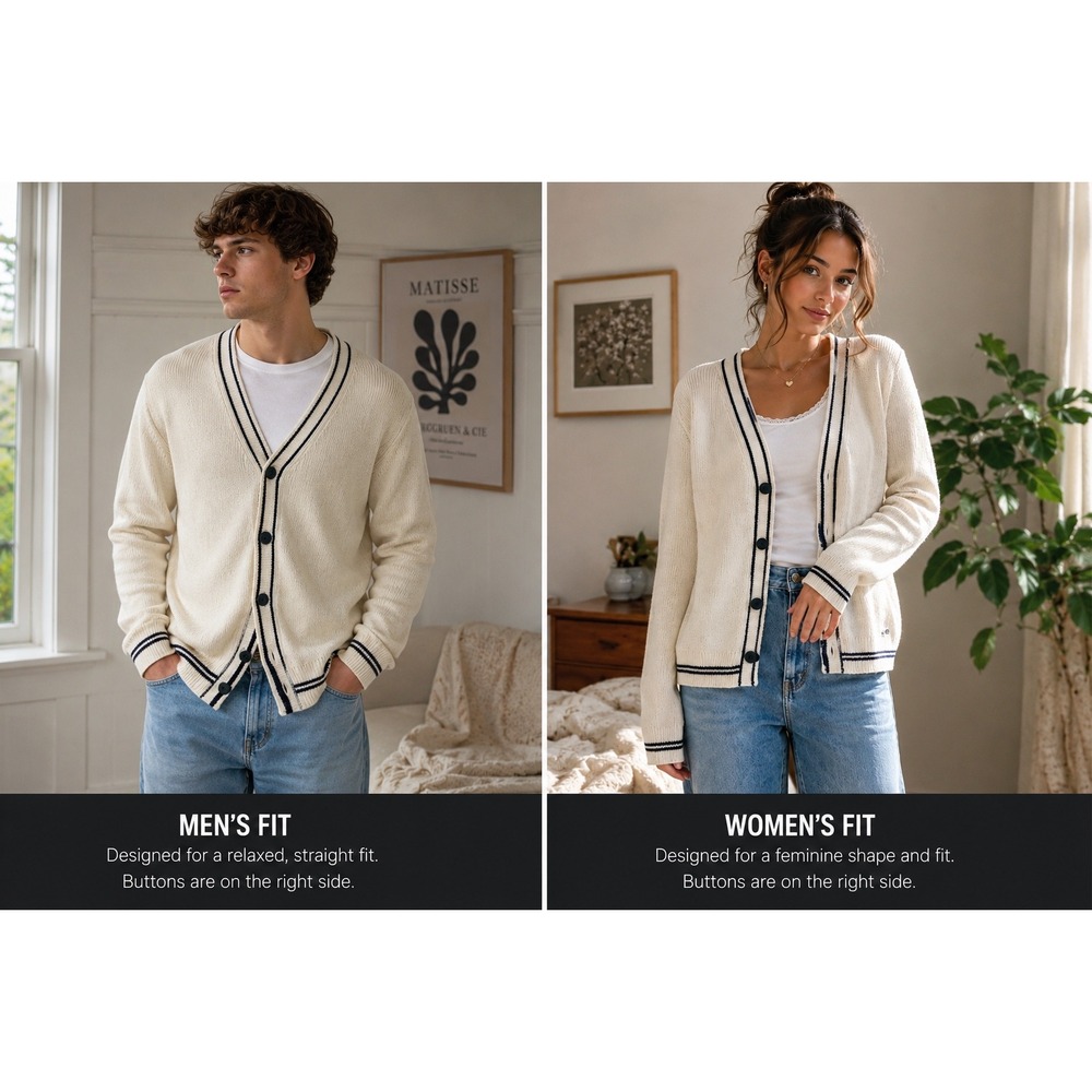 Hollister Unisex Varsity Cardigan Sweater L White Black Striped Collegiate